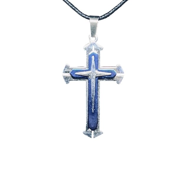 Unknown Other - Men's Silver Tone And Blue Multi Layered Cross Pendant (6125)